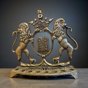 Israeli Antique Brass Menorah with Lion Motif